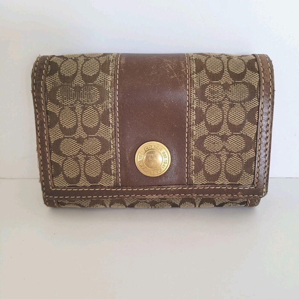 Coach Legacy Wallet Canvas Leather Brown‎ Designer Medium Bifold Logo Retro